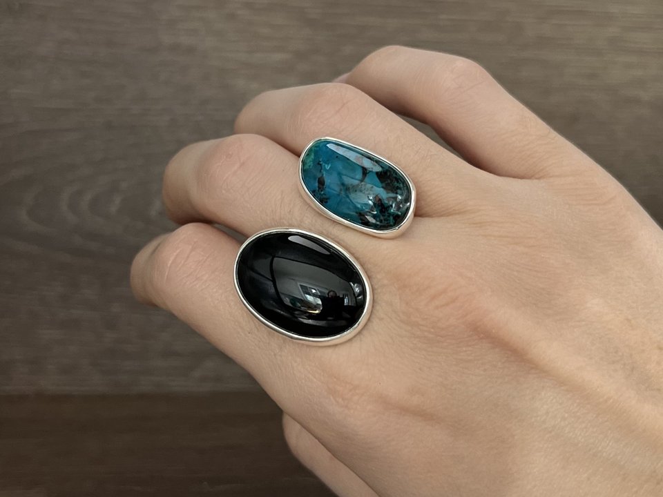 Chrysocolla and Black Onyx Double Ring Size 7.75