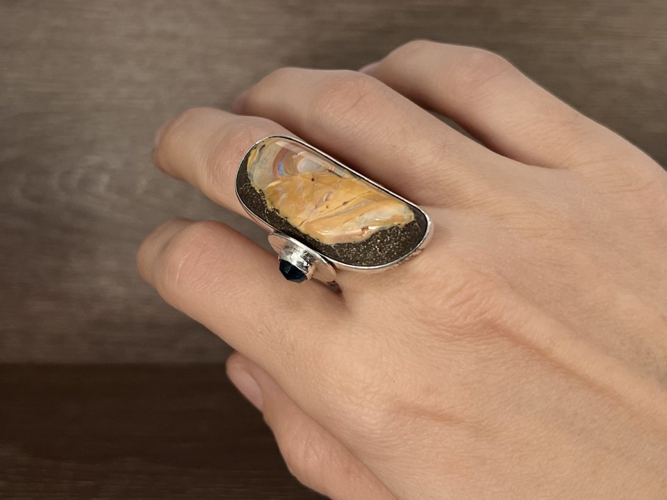 Boulder Opal and London Blue Topaz Ring Size 8